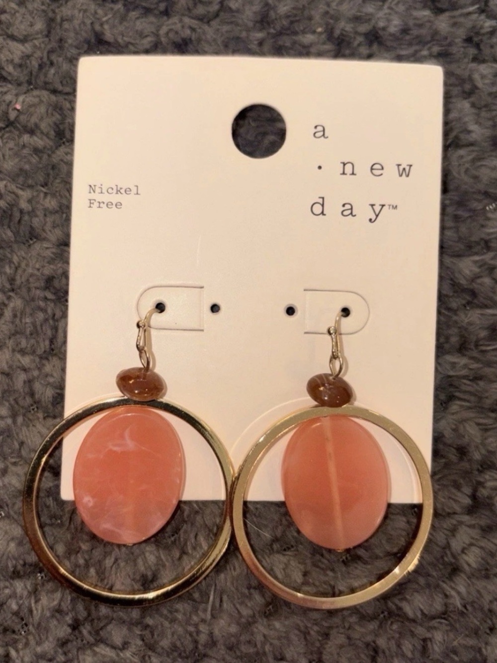 A New Day Gold Tone Drop Hoop Fish Hook Earrings Coral Colored Stone
